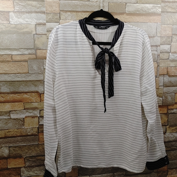 Zara Basic Tunic Blouse Bow Tie Blue/White XL - Picture 2 of 8